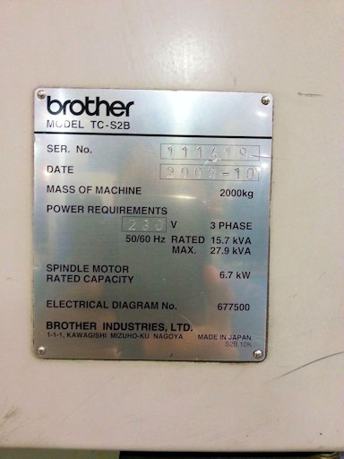 27.5 X, 14.17 Y, 12.6 Z, BROTHER TC-S2B,CNC/CRT,10000 RPM,INDEXER,RIGID, 2003