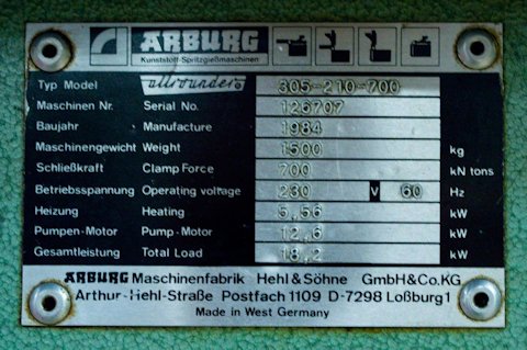 77 Ton, 6.5 Oz., ARBURG MODEL 305-210-700,CLAMP STYLE,12 X 17 PLATEN, 1984