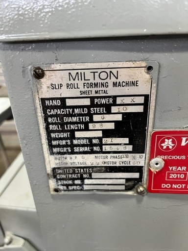 8' x 10GA MILTON 2I,5 HP,AIR ROLL LIFT,MANUAL ROLL ADJUST.,