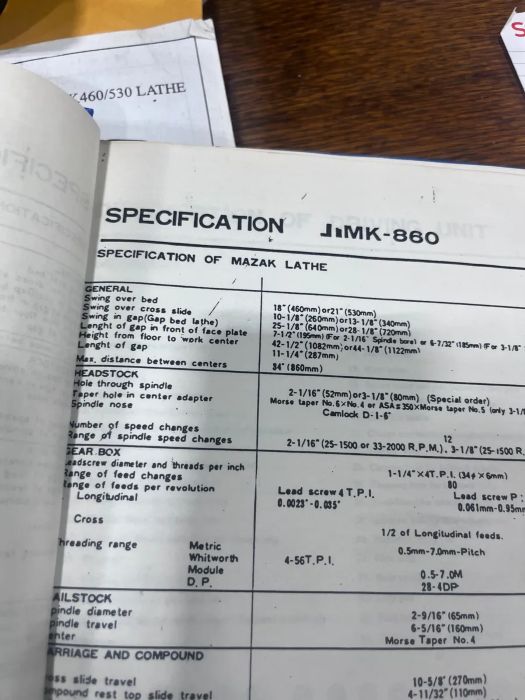 21 /28 x 120 JMK (Mazak)Gap Bed Engine Lathe, Model 530
